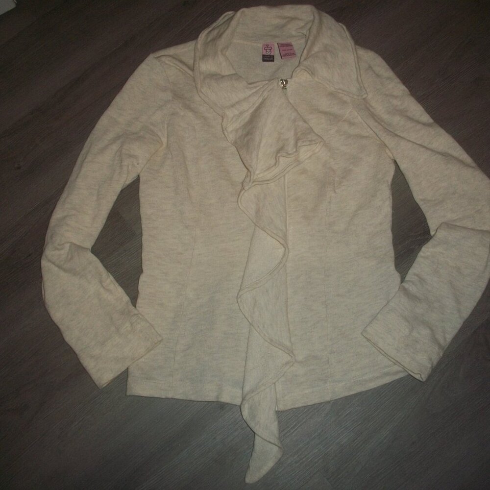 womens ruffled zip up sweater. Heather marled. size medium